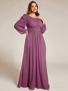 EVERPRETTY Plus Size Elegant Volang Chiffong Rund Hals Långärmad Lila Brudtärneklänning, Lämplig För Fest, Höst/Vinter Bröllopsgästkläder - Blåröd - Visa 4