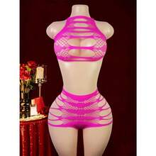 2 Pieces Of Sexy Lace Hollow Jacquard Split Jumpsuit, Tearable See Through Mesh Underwear, Women's Cute Underwear, Plus Size Bra And Underwear Set, Satin Erotic Underwear, No Crotch Design, Underwear And Bra Combination, Close Fitting Clothing, Essential For Boudoir, Tearable Details, Transparent Mesh Pattern, Soft Satin Material, Exquisite Lace Trim, Women's Underwear Set, Fashion Enthusiasts, Plus Size Erotic Underwear - 藍色 - 查看 5