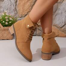 Autumn/Winter New Suede Boots For Women, Camel Chunky Heel Lace-Up Ankle Boots With Foldover Metal Buckle, Fashionable - Brown - View 6