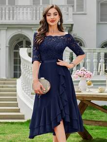 MIUSOL Elegant Women's Floral Lace Boat Neck Contrast Navy Blue Chiffon Midi Swing Dress, Half Sleeves Asymmetrical Ruffle Flowy Hem, For Wedding Guest, Cocktail Party, Evening Or Formal Event - 藏蓝色 - 查看 3