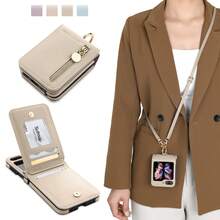 1pc L-Shaped Zipper Folding Screen Phone Case, Suitable For Galaxy Z Flip4 5G, With Ring, Neck Strap, Crossbody, Shoulder Strap, Fashionable, Lightweight, Thin, Foldable, Rear Card Slot, Coin Purse, Cute, Smartphone Protective Case, Adjustable Strap, Shock-Proof, Anti-Drop