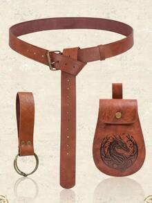 3 Pieces Medieval Viking Fantasy Roleplay Waist Bag Set, Belt + Waist Bag + Keychain, Renaissance LARP Props Cosplay Costume Accessories, Halloween Carnival Renaissance Festival Accessory Set - Multicolor - View 1