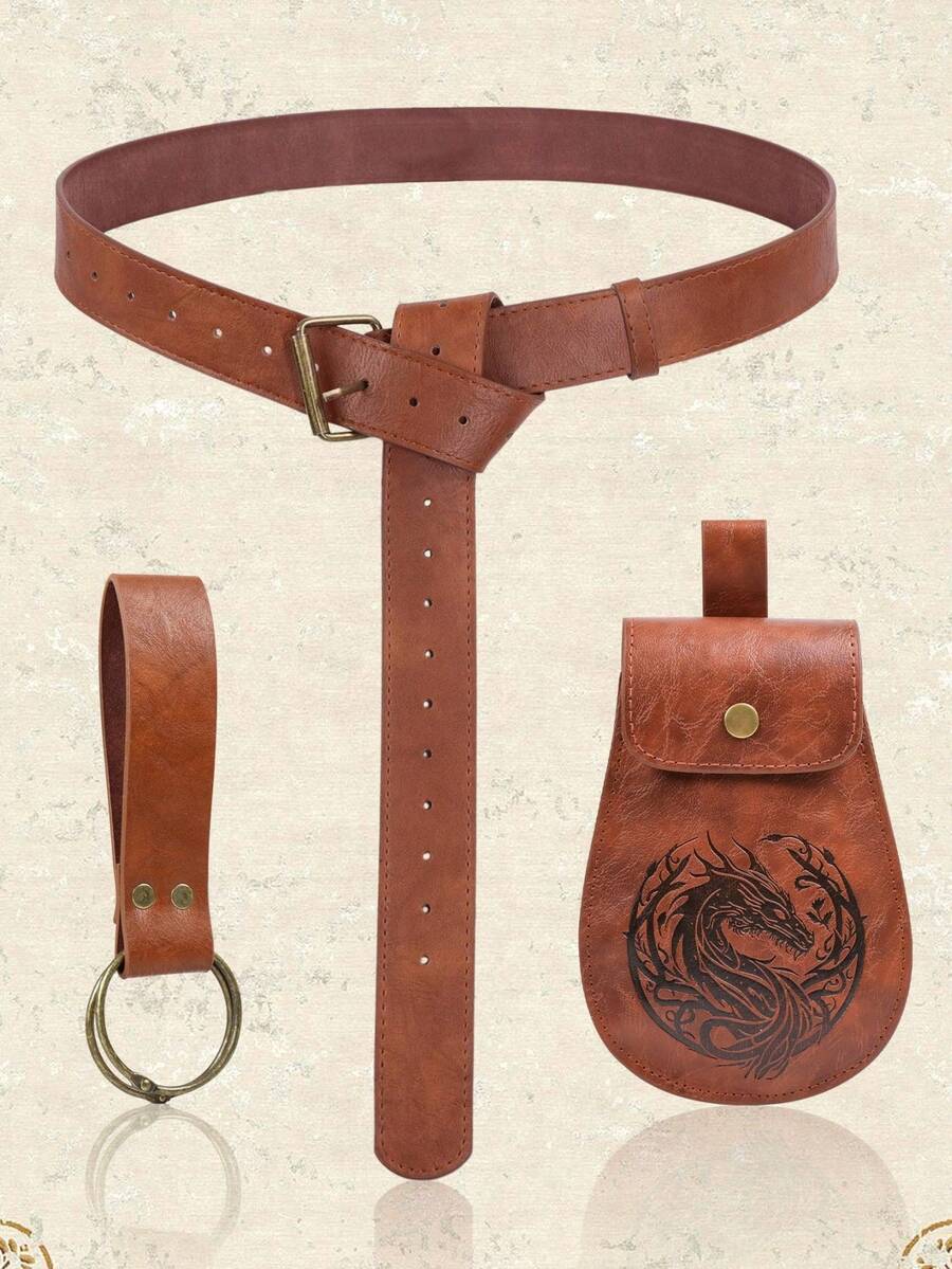 3 Pieces Medieval Viking Fantasy Roleplay Waist Bag Set, Belt + Waist Bag + Keychain, Renaissance LARP Props Cosplay Costume Accessories, Halloween Carnival Renaissance Festival Accessory Set - Multicolor - View 1
