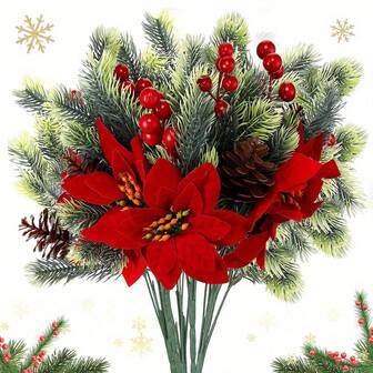 2 Pcs Red Poinsettia Artificial Christmas Flowers Bouquet With Artificial Pine Cone Red Berry Pine Needle Artificial Plants Christmas Decor For Craft Xmas Tree Garland Home Indoor Outdoor