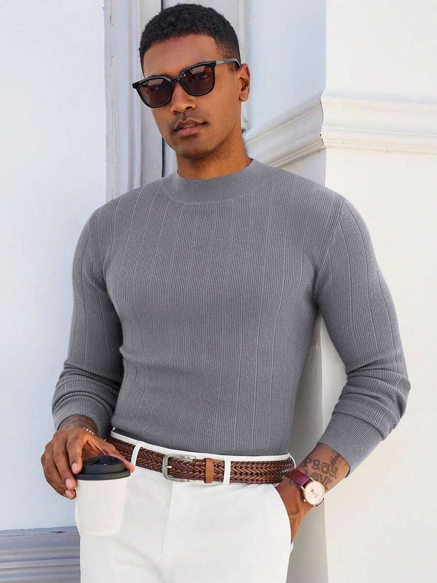 Men's Slim Fit Mock Turtleneck Sweater Casual Ribbed Knitted Pullover Basic Warm Wear For Fall/Winter - Xám - Xem 1