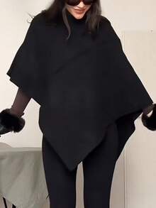 Chal elegante para mujer, abrigo suave de poncho de frente abierto para otoño e invierno - Negro - Ver 2