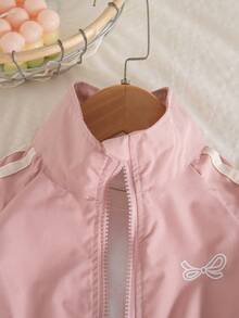 Autumn/Winter Baby Girls Cute Casual Pink Sweet Ribbon Bow Zipper Jacket & Pocket Drawstring Pants Set - Pink - View 5