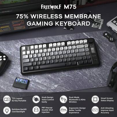  Teclado Gamer Sem Fio FREEWOLF M75 ATTACK SHARK * com Retroiluminação RGB e Bateria Recarregável de 2000mAh, Compacto com Membrana e Sensação Mecânica, Display Inteligente e Botão Giratório, Teclas PBT com Gradiente para Jogadores de PC - BlackBerry/ Roxo Uva/ Noite ao Luar