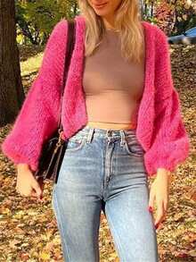 Women's Fuzzy Knit Sweater Long Lantern Sleeve Open Front Solid Color Cardigan Fall Coat - Hot Pink - View 3