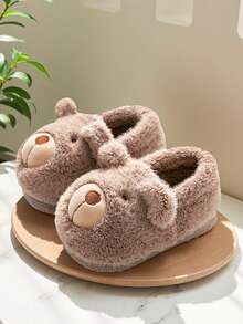 1 par de pantufas infantis de pelúcia com estampa de urso de desenho animado, antiderrapantes, de salto baixo e quentes para uso interno, adequadas para outono/inverno - Caqui - Ver 12