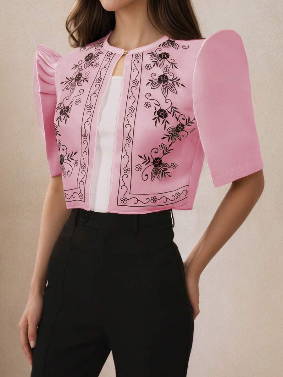 現代菲律賓風花卉圖案復古印花泡泡袖上衣,春/夏 - 藕粉色 - 查看 1