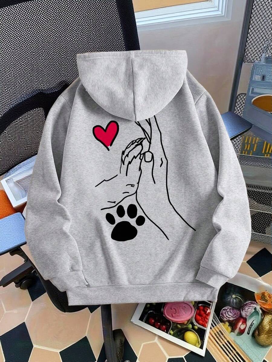 Plus Size Warm Heart Print Long Sleeve Casual Loose Hooded Sweatshirt, Autumn/Winter - Light Grey - View 1