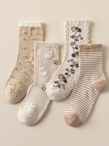 1/4 Pairs Beige Lace Ruffled Rabbit Print Stripe Pattern Breathable Cute Elastic Casual Student Moisture-Wicking Mid-Calf Socks For Women, Suitable For Easter, Fall
