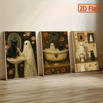 3Pcs Canvas Painting,3-Piece Set Of Humorous Canvas Prints - Playful Ghosts And Cats Bathroom Wall Art, Modern Aesthetic Decoration, Suitable For Young People's Rooms Or Living Rooms, Posters With Floral Decorations, Cute And Fun Gift Ideas, Humorous Wall Decorations/Humorous Murals , Wooden Framed Art,High Quality ,Thickness 2. 25cm/1inch Wall Art Prints Poster Direct Hanging Decor For Home Gifts,Living Room, Bathroom, Bedroom, Kitchen,Bar,Office