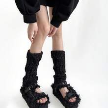 Fashionable And Versatile Sock Covers For Autumn And Winter, New Products With Folded Edges, Loose And Thick Threads, Warm Mid Leg Covers, Retro And Versatile - 黑色 - 查看 2