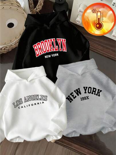 Set de 3 sudaderas térmicas con estampado de texto de Nueva York, Brooklyn y Los Ángeles para niño preadolescente, cálidas y cómodas para otoño/invierno