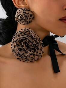 3pcs Fashionable Plus Size Fabric Leopard Print Floral Charm Elegant Bow Choker Flower Earrings Set For Women, Elegant Gift