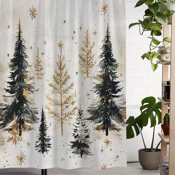 Cortina de ducha impermeable con estampado retro de árbol de pino y estrella de invierno, cortina con 12 ganchos, decoración universal para habitaciones, hogar, baño, accesorios navideños