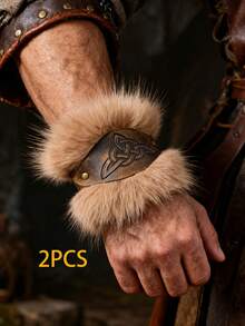 2pcs Set PU Leather Viking Wrist Guards: Faux Fur Trimmed Nordic Rune Armor, Suitable For LARP, Renaissance Fairs And Cosplay - A - View 10