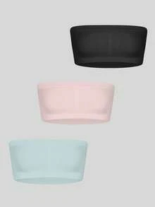 3 件套可爱女孩休闲时尚无肩带无垫吊带背心胸罩，无缝柔软舒适日常胸罩 - 彩色 - 查看 1