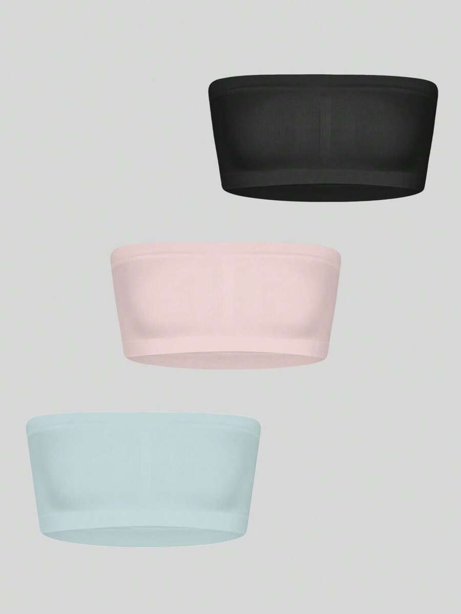 3 件套可爱女孩休闲时尚无肩带无垫吊带背心胸罩，无缝柔软舒适日常胸罩 - 彩色 - 查看 1