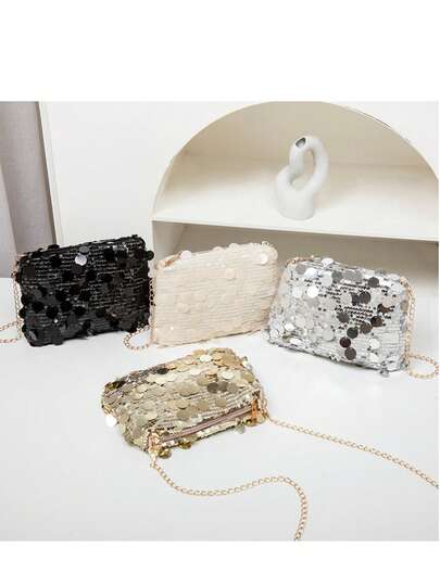 女士亮片装饰绗缝派对晚会手拿包，时尚新款单肩包