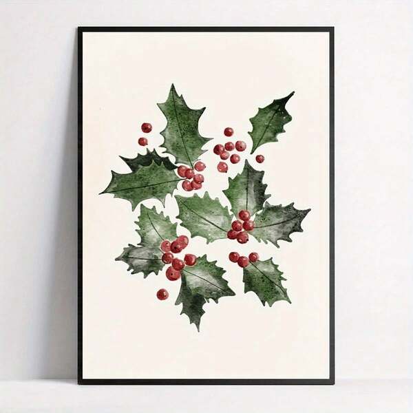 1pc Holly Berry Leaves Art Print, Frameless Canvas Wall Decor Poster, Modern Art Deco Christmas Theme, Retro Ink Artwork For Home Office, Living Room, Bedroom - Seasonal Spring Winter Landscape_ORIENTATION