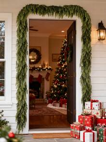 1pc Christmas Cedar Cane Wreath Decoration, Imitation Fir Pine Needle Christmas Wreath, Christmas Day Door Hanging Decoration, Seasonal Winter Decoration, Suitable For Living Room, Fireplace, Porch, Stairs, Dining Table And Other Home Decoration