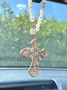 1pc Rhinestone Cross Shaped Alloy Car Interior Rearview Mirror Pendant Decoration - one-size - View 7