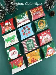12/6/1pc Christmas Pillow Box Packaging Wedding Candy Paper Box, Christmas Pillow Gift Boxes With Santa, Snowman & Elk Prints For Candy, Small Presents, Holiday Party Favors, Stocking Stuffers, Table Decor, Secret Santa Exchange, Office Gift Wrapping, Winter Wedding, Birthday, And Home Decor