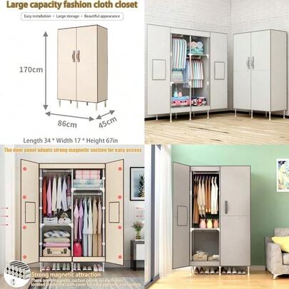 Portable Wardrobe Closet Clothes Organizer 34in NonWoven Fabric Portable Closet MultiFunctional Clothes Storage Cabinet With Cover And Hanging RodGray White