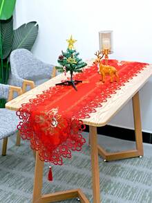 1 Peça Trilho de Mesa de Vela de Natal, Tecido de Cetim de Poliéster de Luxo Europeu, Renda Vermelha Bordada com Recorte Floral Vazado, Adequado para Sala de Estar, Quarto, Mesa de Jantar, Gabinete de TV, Aparador, Cômoda, etc. - Multicolorido - Visão 9