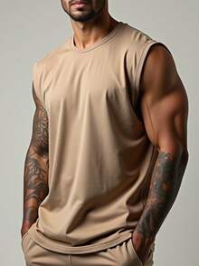 Men's Macho Tank Top, Low-Cut Bodybuilder Style, Workout Gym, 100% Premium Cotton - 棕色 - 查看 3