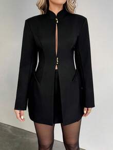 Doriss Hofstil Stehkragen Ausschnitt Gold Schnalle Taille Anzugjacke, Kendall Stil, einfarbig, Herbstmode Damen, Rückkehr zur Schule, Ausgehen Oberteile Damen, Weiße Party Veranstaltung, Old Money Stil, Hofstil, Silvester Outfit