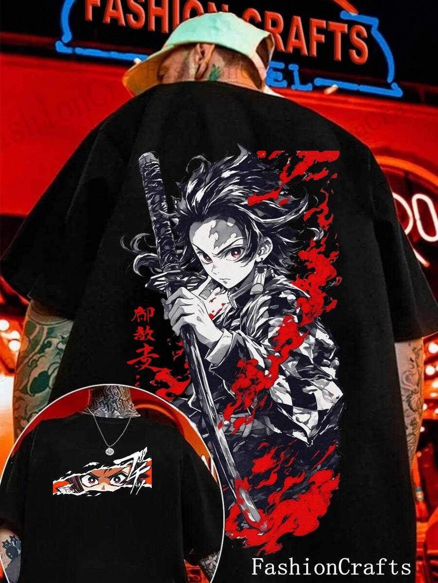 Cotton Men's T-Shirts, Double-Sided Printed Anime T-Shirts, Character Shirts, Anime Fan Gifts, Knitted Pullover T-Shirts, Comic-Style Anime Pattern T-Shirts, Casual Men's Clothing, Street Style Fashion - 黑色 - 查看 1