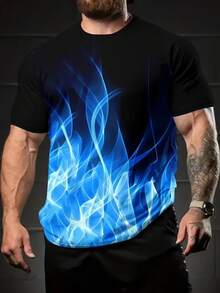 Tricou bărbătesc mărime mare, la modă, cu imprimeu digital strălucitor cu flacără, material din poliester, casual și elegant