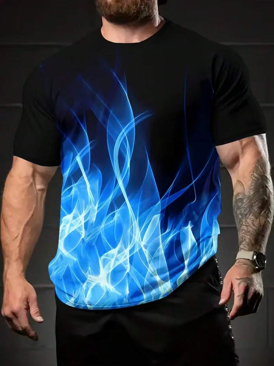Tricou bărbătesc mărime mare, la modă, cu imprimeu digital strălucitor cu flacără, material din poliester, casual și elegant