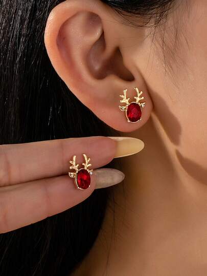 1对圣诞驯鹿耳环，节日喜庆圣诞耳环首饰，女士礼物