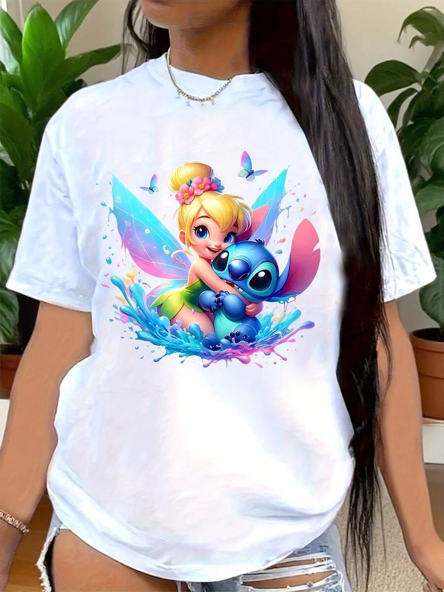 Stitch T-Shirt, Disneyland Shirt,  Stitch Butterfly Pattern T-Shirt, Cute Stitch Flowers Print Tee,  Cartoon Stitch And Flowers Butterfly Top, Comfortable And Fit, Perfect For Daily Wear, 220g - 白色 - 查看 1