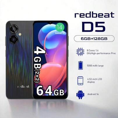  Redbeat D5 4GB RAM(2GB Expandable 2GB)+64GB ROM 13MP Camera, Android 14 6.52-Inch HD+ High-Definition Screen, 5000mAh Battery, 8-Core 1.6GHz Processor, The Body Uses A Special Gradient Color Process, Fingerprint Face Unlocking, Type-C Interface(Plug Not Included) Christmas Gift The Perfect Gift For Your Family Or Friends.