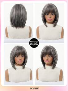 TOPSHE Fashion Natural Looking Wigs 12 Inch Cute Party Dark Grey Short Straight Wigs,Heat-Resistant Synthetic Wig With Bangs For Women, For Party,Cosplay,Halloween Daily Wear - 深灰色 - 查看 8