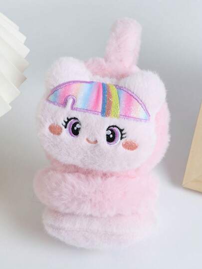 1pc Kids' Solid Color Embroidered Cartoon Plush Earmuffs, Windproof Outdoor Cycling Ear Warmer For Daily Use In Winter