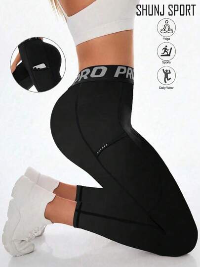 Nuevas Llegadas Pantalones de Yoga con Estampado de Letras para Primavera/Verano, Pantalones Ajustados de Control de Abdomen para Mujer, Negro con Bolsillos Laterales, Uso Casual Versátil y Apto para Uso Diario