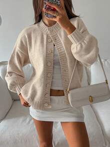 Cardigan tricotat casual pentru femei, culoare solidă, cu umeri căzuți, mâneci lungi, nasturi în față, potrivit pentru toamnă