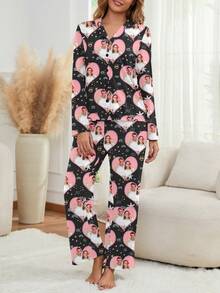 Customized Women Pajama Set, Personalized With Pet/Character/Portrait, Holiday/Bestie Gift - Black - View 3