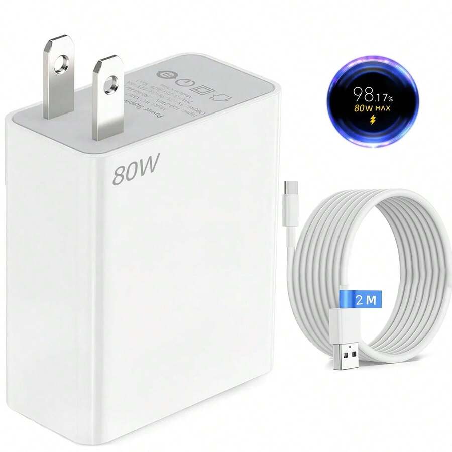 Compatible con la carga rápida VOOC de OPPO, Realme y 1+. Disponible en 80 W ofrece carga rápida para teléfonos móviles.Cargador de pared con cable de carga rápida USB C a Tipo C de 2 m - Blanco - Ver 1