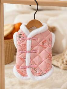 1件宠物保暖背心，狗/猫衣服，冬季中国风复古唐装背心，适合贵宾犬、泰迪、比熊犬等小型犬 - 粉色 - 查看 2