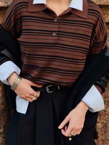 Women's Retro Loose Long Sleeve Fall Sweater Color Block Striped Pullover Lapel Button Down Tops - Reddish Brown - View 5