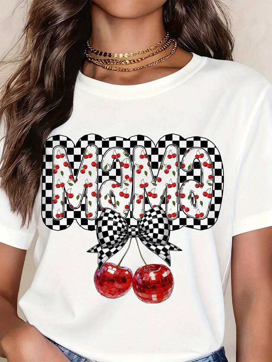 MOM Cherry Checkered Print T-Shirt For Women - Stylish White Crewneck Tee With Bow And Red Cherries Design, Perfect Mother's Day Gift Or Casual Wear - trắng - Xem 1