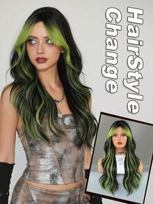 AKAKO 24 Inch Green Highlight Long Wavy Wig With Curtain Bangs, High Quality Heat-Resistant Fiber Synthetic Wave Curly Hair Wig, Gorgeous Goth Style Costume Wigs For Women Halloween Party Masquerade Ball,Music Festivals & Carnival Use - 挑染綠色 - 查看 2
